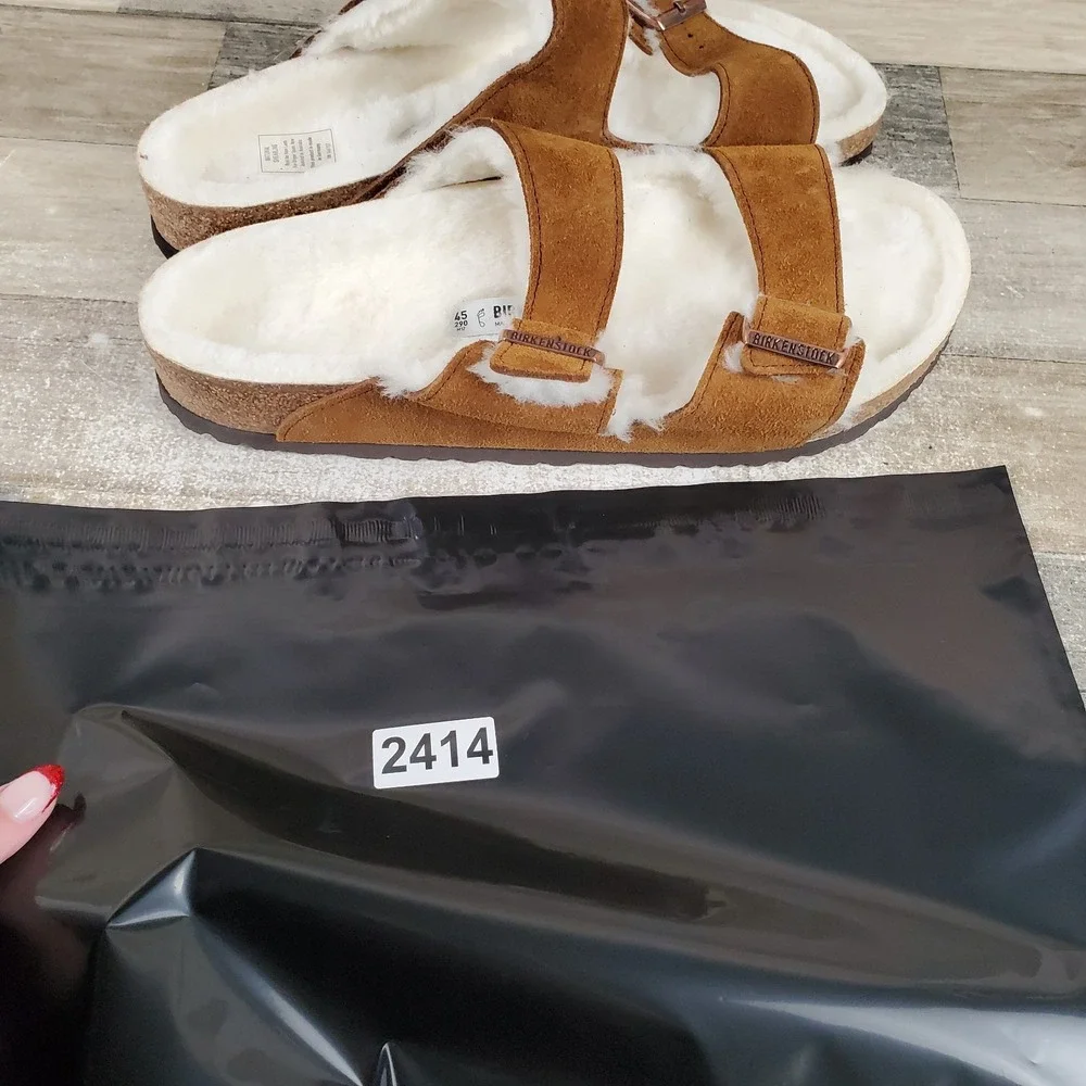 Birkenstock Arizona Shearling Sandals Mens 12 Mink Suede Adjustable Straps Lined